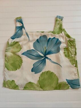 Vintage Tommy Bahama 100% Silk Tank Top Woman’s 8 Blue Lime-Green Floral Resort